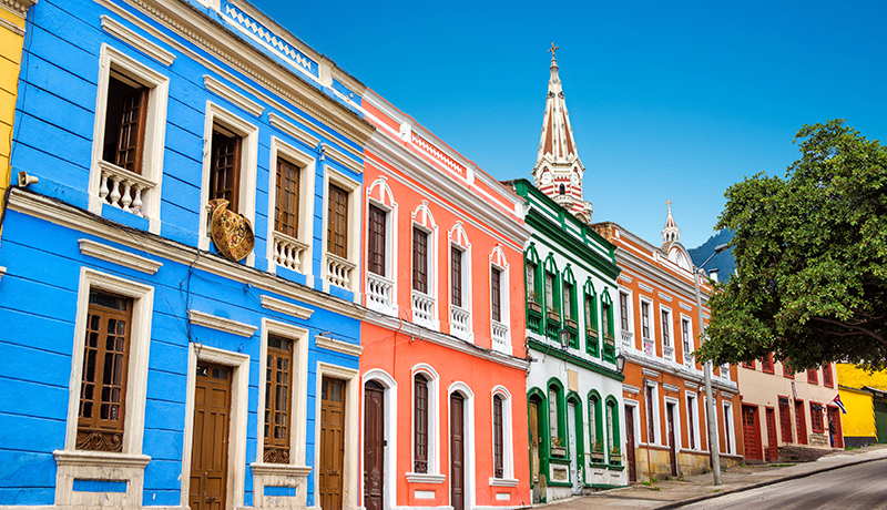 Colorful building in La Candelaria neighborhood in the historic center of Bogota, Colombia