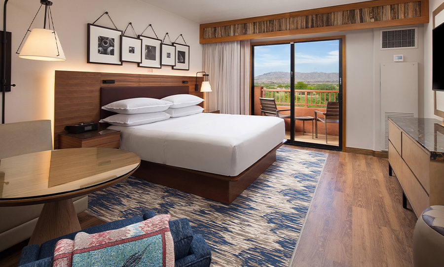 The newly renovated rooms have earth tones and Native American motifs at Sheraton Grand at Wild Horse Pass