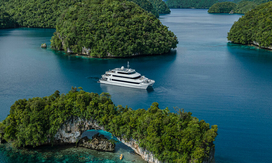 The Four Seasons Explorer cruising among islands in Palau.
